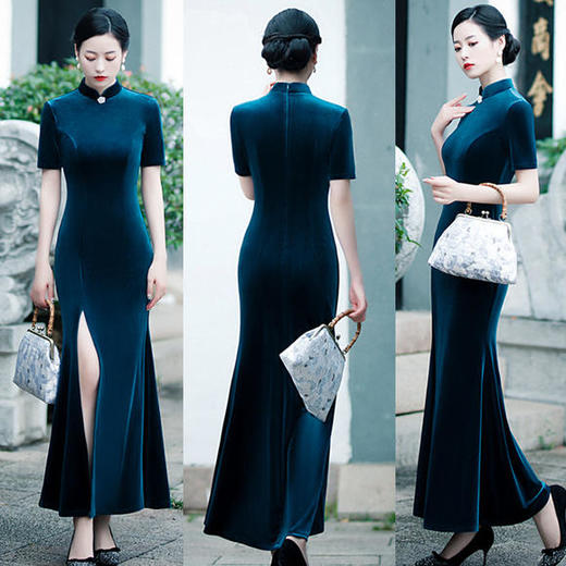 SKY-184098改良加长版140丝绒长款鱼尾旗袍裙 商品图2