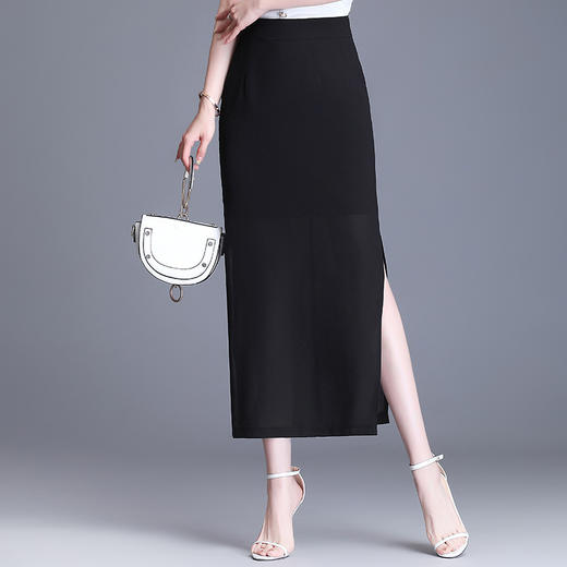 上海旗袍厂myxjym2105雪纺包臀侧开叉夏季黑色雪纺半身裙高腰长裙中长