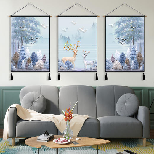 客厅装饰画卧室背景布北欧风麋鹿挂布背景墙装饰三联挂画