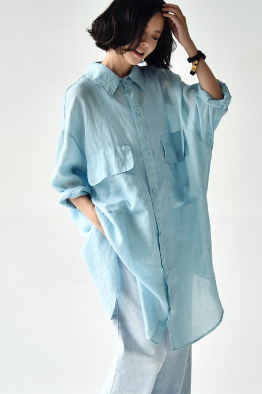 米兰宣言c5520c文艺清新oversize大口袋圆摆中长款轻薄苎麻衬衫女