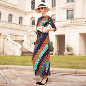 DF-DZ2372新款圆领印花复古气质超长一步裙