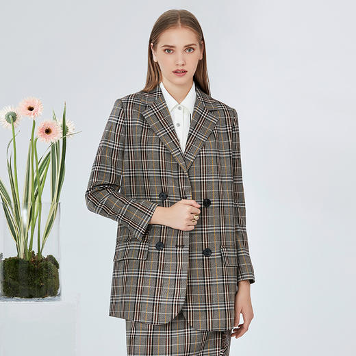 EITIE爱特爱秋季新款时尚复古英伦格子显瘦西装外套女中款6003715 商品图1