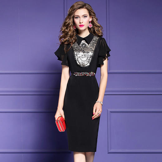 FMY-F20XL29984夏季款翻领气质修身中长款纯色钉珠连衣裙 商品图1