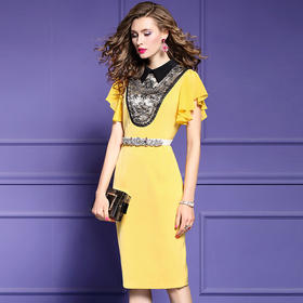 FMY-F20XL29984夏季款翻领气质修身中长款纯色钉珠连衣裙