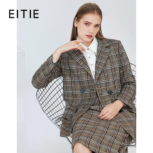 EITIE爱特爱秋季新款时尚复古英伦格子显瘦西装外套女中款6003715 商品图0