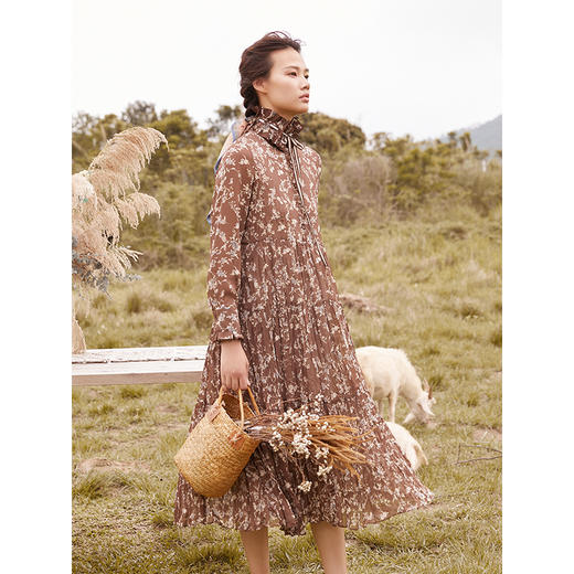 famecoco范可儿雪纺印花连衣裙女长袖a字气质碎花长裙F205FA005 商品图0