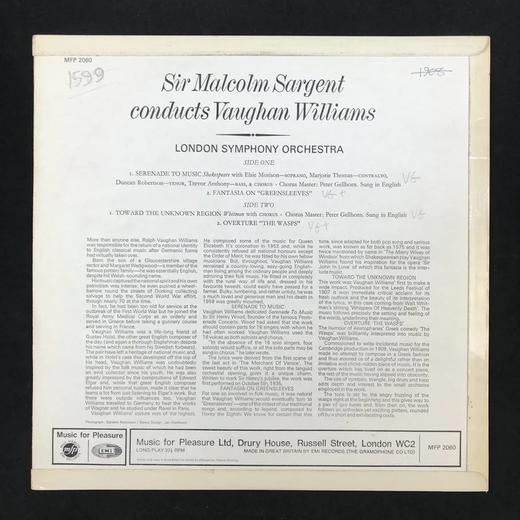 LP黑胶唱片 马尔科姆·萨金特指挥沃恩·威廉斯作品《小夜曲》《绿袖子幻想曲》《黄蜂》等 伦敦交响乐团 商品图1