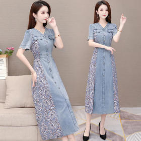 YWE-HSY-I2A913夏新款气质高贵印花牛仔连衣裙