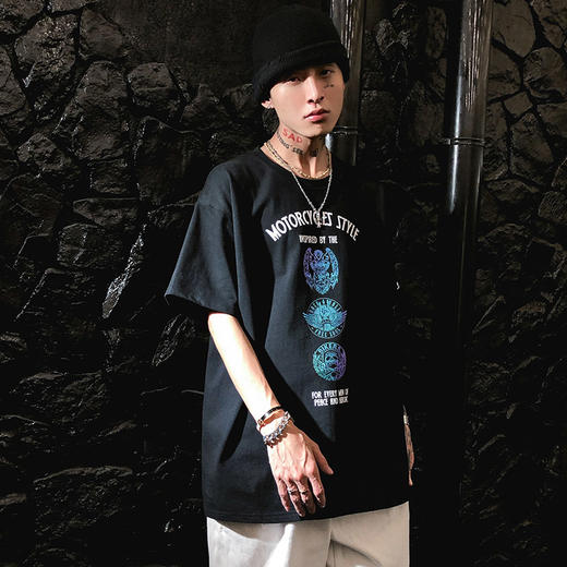 [59.9一件]自由基地宽松机车复古短袖T恤衫潮流摩托车骑行个性圆领motocycle体恤MT-1618 商品图0