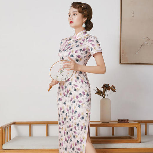 FD-QC1697951新款气质修身短袖立领手工盘扣真丝印花长款旗袍 商品图0