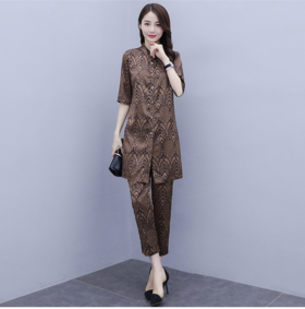 HT-2090新款女休闲时尚缎面印花套装洋气显瘦开衫两件套
