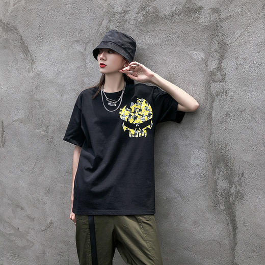 [59.9一件] 自由基地夏季宽松款圆领短袖T恤骷髅迷彩图案高街朋克风MT-1632 商品图3