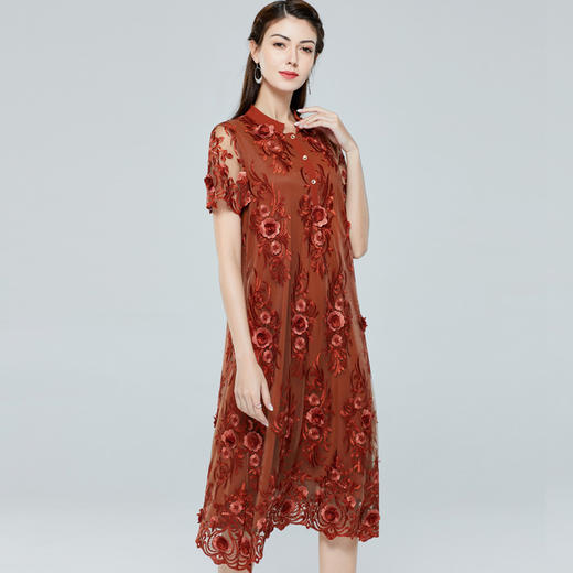 JSNH-JS8487高端中年网纱立体刺绣  中长款原创大码宽松版连衣裙 商品图1