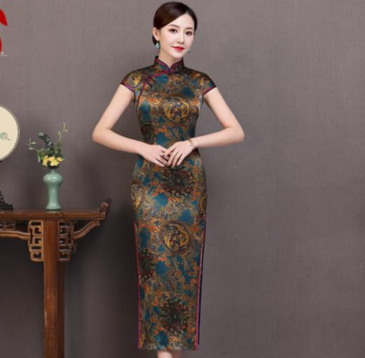 HQ-34复古修身气质印花真丝长款旗袍 商品图0