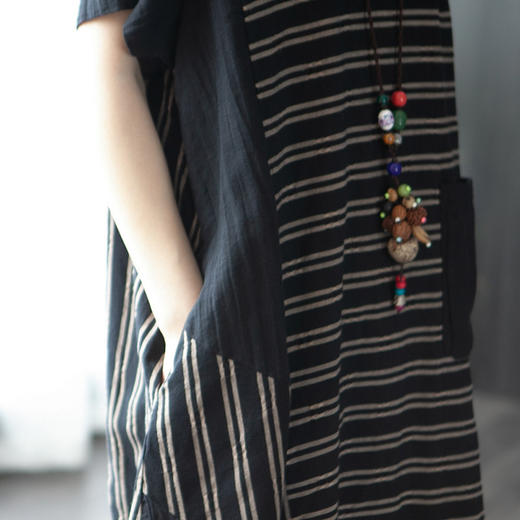 XYD-6053夏新款2020洋气条纹拼接打底显瘦棉麻连衣裙 商品图3