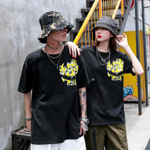 [59.9一件] 自由基地夏季宽松款圆领短袖T恤骷髅迷彩图案高街朋克风MT-1632 商品图0