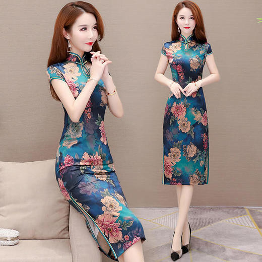 YW-XH-8326-1修身气质，改良版立领印花旗袍连衣裙 商品图1