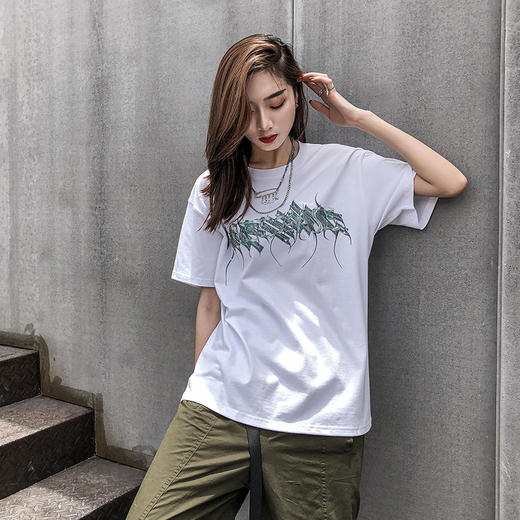 [59.9一件]自由基地未来科技感金属字体印花T欧美摇滚高街潮流短袖宽松体恤MT-1623 商品图1