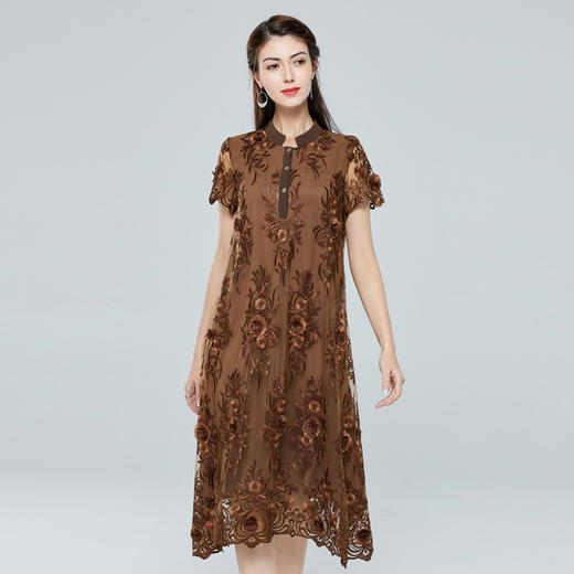 JSNH-JS8487高端中年网纱立体刺绣  中长款原创大码宽松版连衣裙 商品图0