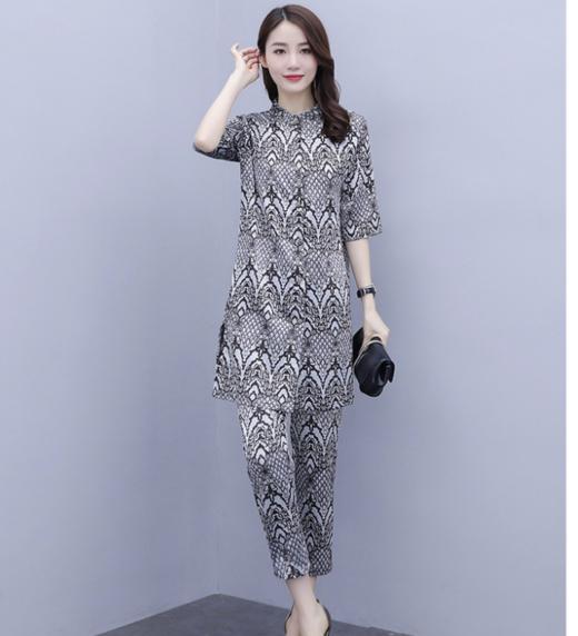 HT-2090新款女休闲时尚缎面印花套装洋气显瘦开衫两件套 商品图2