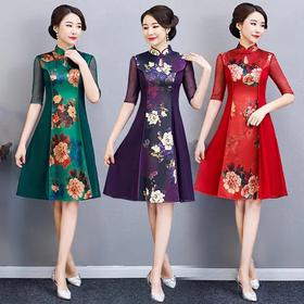 TX04256新款优雅气质修身立领雪纺拼接印花中长款连衣裙