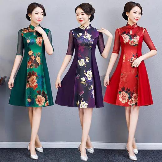 TX04256新款优雅气质修身立领雪纺拼接印花中长款连衣裙 商品图0