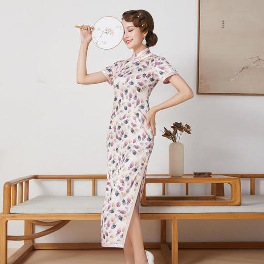 FD-QC1697951新款气质修身短袖立领手工盘扣真丝印花长款旗袍 商品图2