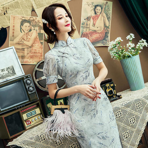 HX-Q36新款雪纺泡泡袖修身改良旗袍 商品图1