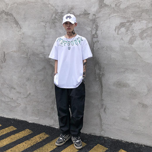 [59.9一件]自由基地潮流T恤个性短袖宽松款体恤男女BF圆领打底衫立体印花MT-1619 商品图1