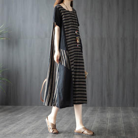 XYD-6053夏新款2020洋气条纹拼接打底显瘦棉麻连衣裙