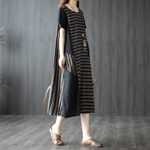 XYD-6053夏新款2020洋气条纹拼接打底显瘦棉麻连衣裙 商品图0
