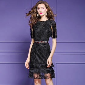 FMY-F20XL30773夏装款复古时尚显瘦黑色网布绣花连衣裙