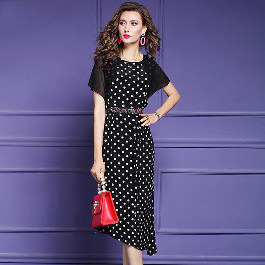 FMY-F20XL30728夏装新款气质显瘦修身拼接不规则波点雪纺连衣裙 商品图1