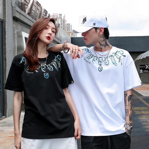 [59.9一件]自由基地潮流T恤个性短袖宽松款体恤男女BF圆领打底衫立体印花MT-1619 商品图0