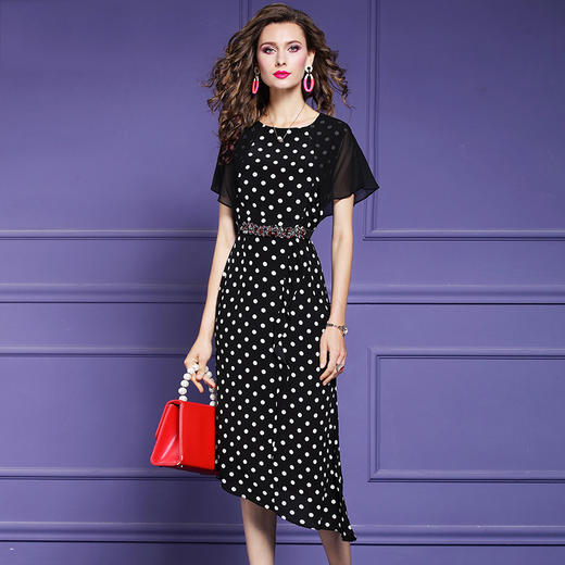 FMY-F20XL30728夏装新款气质显瘦修身拼接不规则波点雪纺连衣裙 商品图0