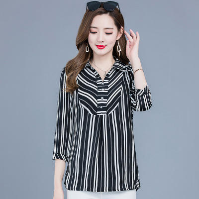 weyy20yy02七分袖条纹雪纺衫女短款