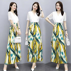 HR-MY2053气质显瘦，高腰垂感拼接雪纺阔腿连体裤