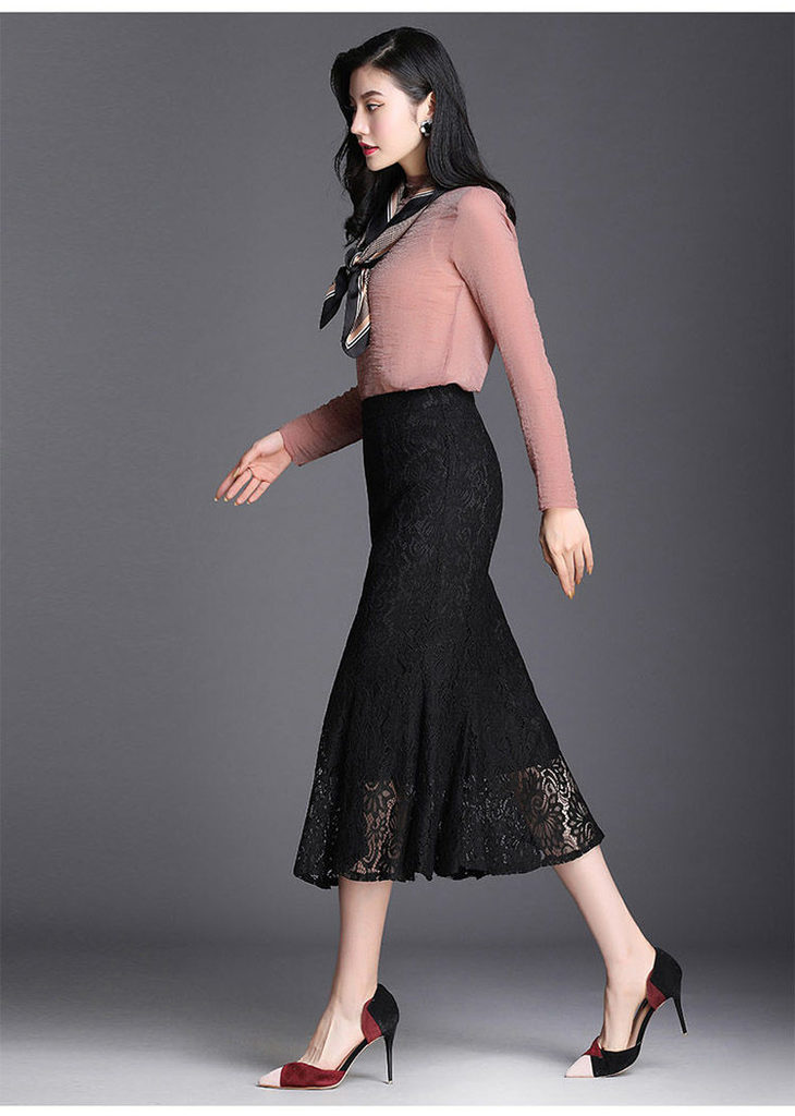 pdd-2020新款蕾丝鱼尾裙 高腰镂空侧拉链微弹后腰松紧半身裙