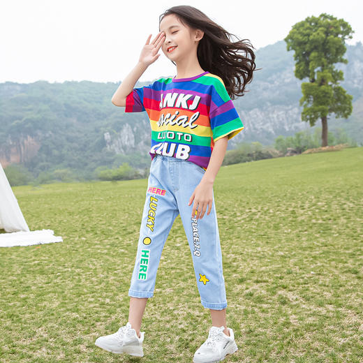 DK-DK2015女童夏新款洋气小女孩条纹短袖牛仔裤两件套 商品图2