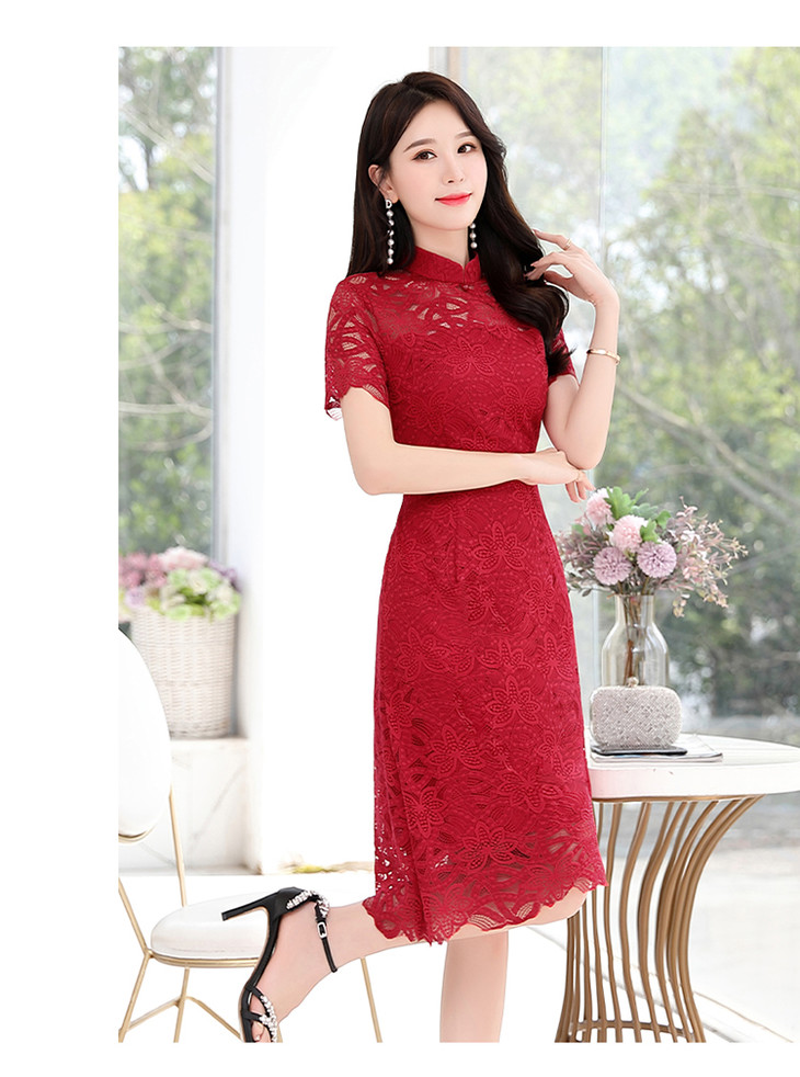 高腰气质收腰显瘦改良蕾丝镂空旗袍连衣裙hr92009
