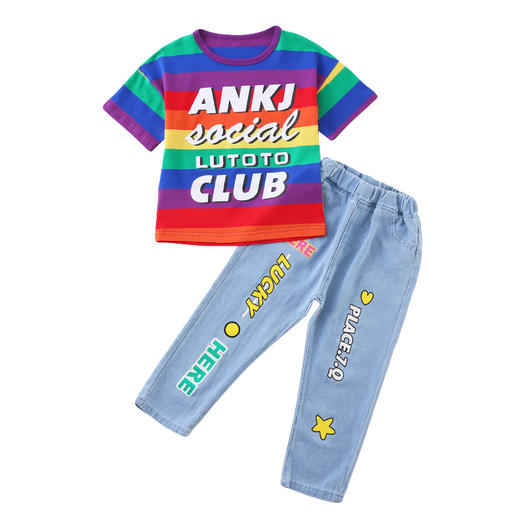 DK-DK2015女童夏新款洋气小女孩条纹短袖牛仔裤两件套 商品图4