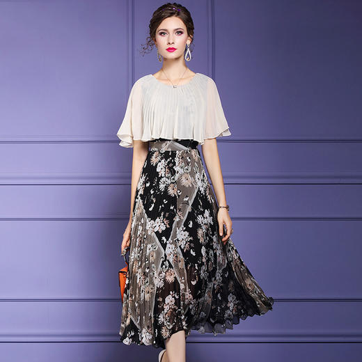 FMY-F20XL33147夏季复古印花雪纺斗篷式拼接假两件套连衣裙 商品图2