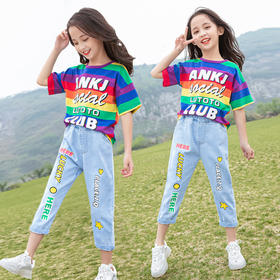 DK-DK2015女童夏新款洋气小女孩条纹短袖牛仔裤两件套