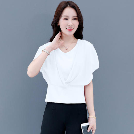 P 1563 夏季洋气高腰短袖时尚雪纺衫女人遮肚子小衫 商品图3