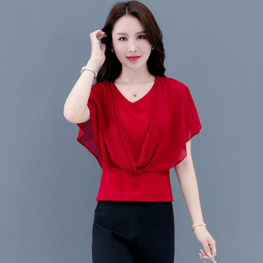 P 1563 夏季洋气高腰短袖时尚雪纺衫女人遮肚子小衫 商品图0