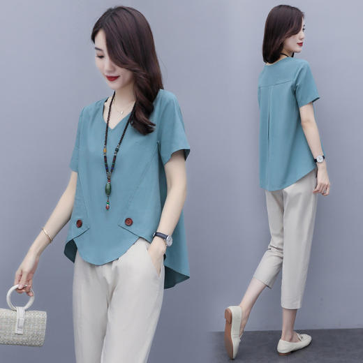 YRH-纯色棉麻套装2020气质宽松显瘦亚麻两件套 商品图1