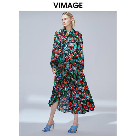 VIMAGE纬漫纪秋季新款时尚个性复古印花饱和色收腰连衣裙长裙V1407007 商品图1