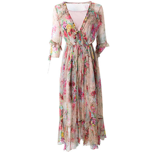 FMY-F20XL33048夏季时尚V领高腰桑蚕丝印花真丝连衣裙吊带两件套 商品图4