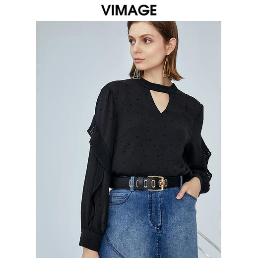 VIMAGE纬漫纪夏款时尚V领显瘦雪纺荷叶边装饰衬衫女上衣V1213806 商品图2