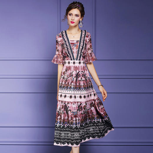 FMY-F20XL33148夏装新款复古收腰遮肚子显瘦印花雪纺连衣裙 商品图2